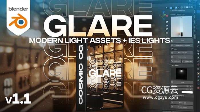 Blender插件-现代室内灯具灯光效果工具 Glare V1.1 – Modern Light Asset + Ies Light