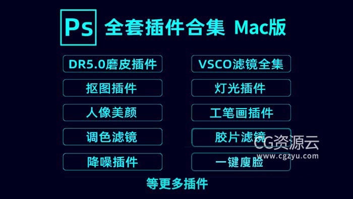 PS插件合集-Mac苹果版PS全套插件一键安装包合集包DR45磨皮降噪抠图调色等插件合集